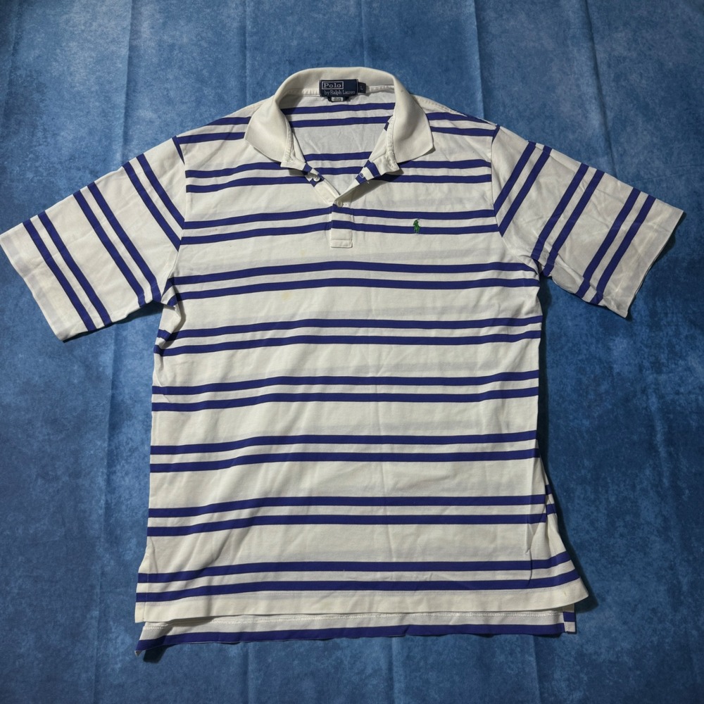 Vintage Polo Ralph Lauren Striped White Blue Pony Polo Shirt Mens L